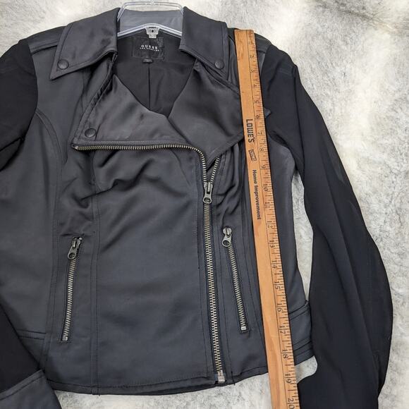 Guess Black Jacket Sheer Sleeve Satin Look Cropped Moto Extra Small XS Y2K - Picture 13 of 15